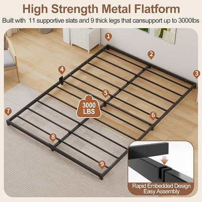 3 Inch Low Profile Full Size Bed Frame, Noise-Free Heavy Duty Metal Platform with Mattress Stopper, No Box Spring Needed, Easy Assembly Steel Support, Black