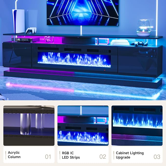 90" Fireplace TV Stand, Modern Entertainment Center for TVs Up to 100”, TV Console with Storage Cabinets, Media Console for Living Room, WiFi Enable Black TV Stand and Black Fireplace