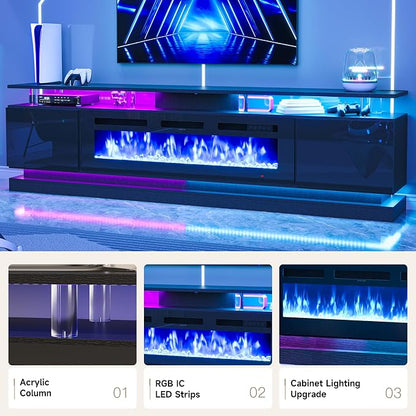 90" Fireplace TV Stand, Modern Entertainment Center for TVs Up to 100”, TV Console with Storage Cabinets, Media Console for Living Room, WiFi Enable Black TV Stand and Black Fireplace