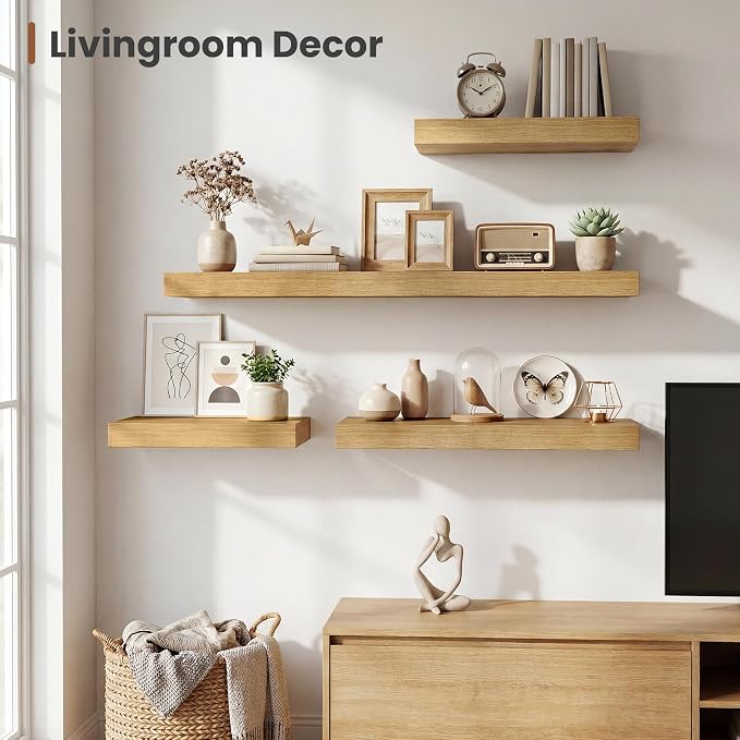 Vivelove 12 Inch Deep Floating Shelves 24 inch Long, 24 x 12 Wide Display Shelves with Invisible Brackets, Shelf for Bedroom Bathroom Living Room Office Home, Modern Shelf Set of 2, Oak