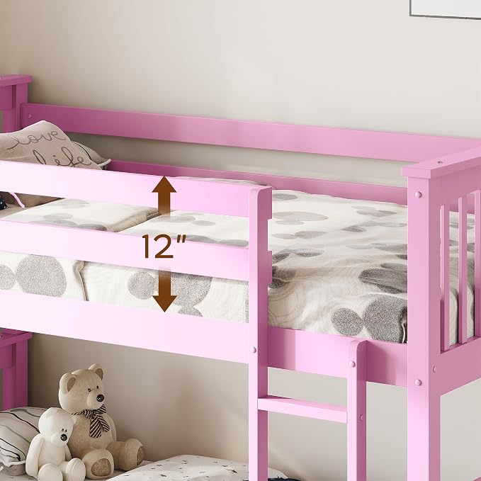 Bunk Bed Twin Over Twin, Convertible Wood Bunk Beds with 2 Storage Drawers, Solid Wood Slats, Widened Guardrail, Sturdy Ladders, No Box Spring Needed, Pink