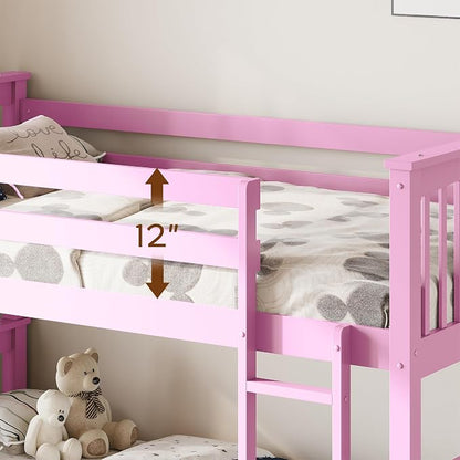 Bunk Bed Twin Over Twin, Convertible Wood Bunk Beds with 2 Storage Drawers, Solid Wood Slats, Widened Guardrail, Sturdy Ladders, No Box Spring Needed, Pink