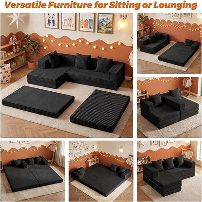 6-in-1 Boneless Couches Modular Sectional Sofa | Cloud Couch Sectional & Tri-Folding Mattress | Corduroy Pet-Friendly Convertible Sofa Bed with 800LB Capacity Living Room, Apartment, Guest Room