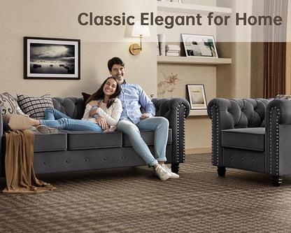 Morden Fort 2 Piece Classic Chesterfield 4-Seater Set, Tufted Chair & Sofa Furniture Solid Wood Legs Thick Cushion, Pet-Friendly Couch Set for Living Room Bedroom Apartment, Velvet Grey