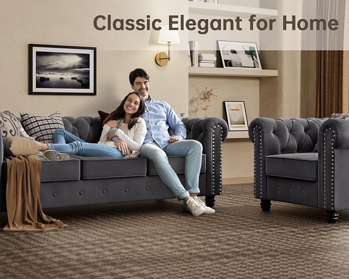 Morden Fort 3 Piece Classic Chesterfield 6-Seater Set, Tufted Chair & Loveseat & Sofa Solid Wood Legs Thick Cushion, Pet-Friendly Couch Set Furniture for Living Room Bedroom Apartment, Velvet Grey