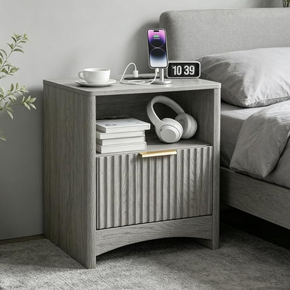 Marsail Fluted Nightstand, Wooden Nightstands with Drawers, Modern Bedside Table with Charging Station and Storage, End Table with Storage Side Table for Bedroom, Grey