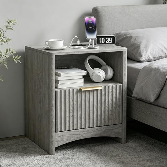 Marsail Fluted Nightstand, Wooden Nightstands with Drawers, Modern Bedside Table with Charging Station and Storage, End Table with Storage Side Table for Bedroom, Grey