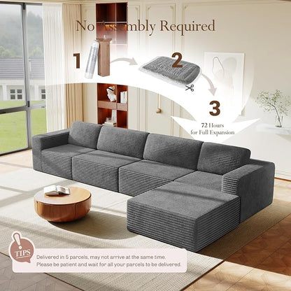 Vesgantti 159" Large Modular Sectional Sofa, L-Shaped Corduroy Cloud Couch with Deep Seats & Spring Support, 4-Seater Boneless Sofa with Movable Ottoman, No Assembly Needed, Grey