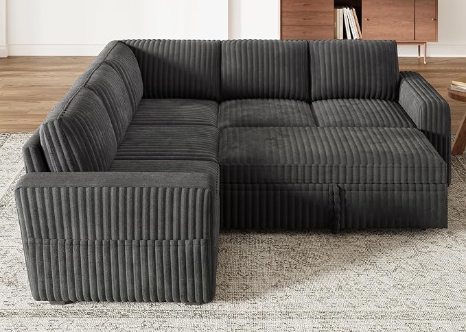 HONBAY Modular Sectional Sleeper Sofa with Pull Out Bed,Corduroy L Shaped Couch with Storage, Sectional Couches for Living Room,Dark Grey
