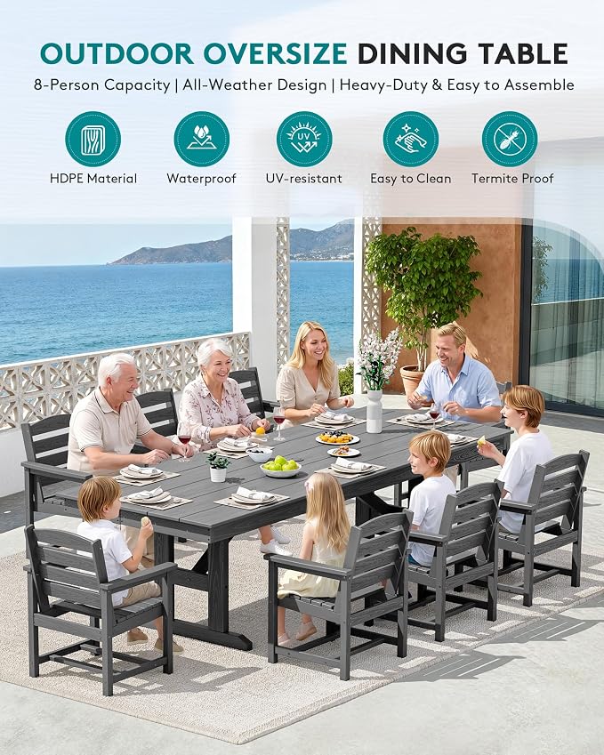 SERWALL 9 Piece 84" HDPE Outdoor Dining Set for 8 with Armchairs and Umbrella Hole, Gray