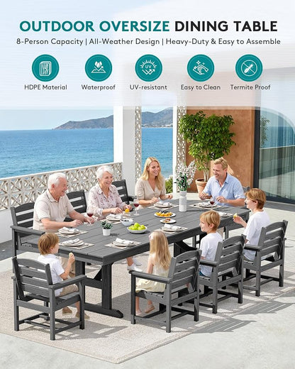 SERWALL 9 Piece 84" HDPE Outdoor Dining Set for 8 with Armchairs and Umbrella Hole, Gray