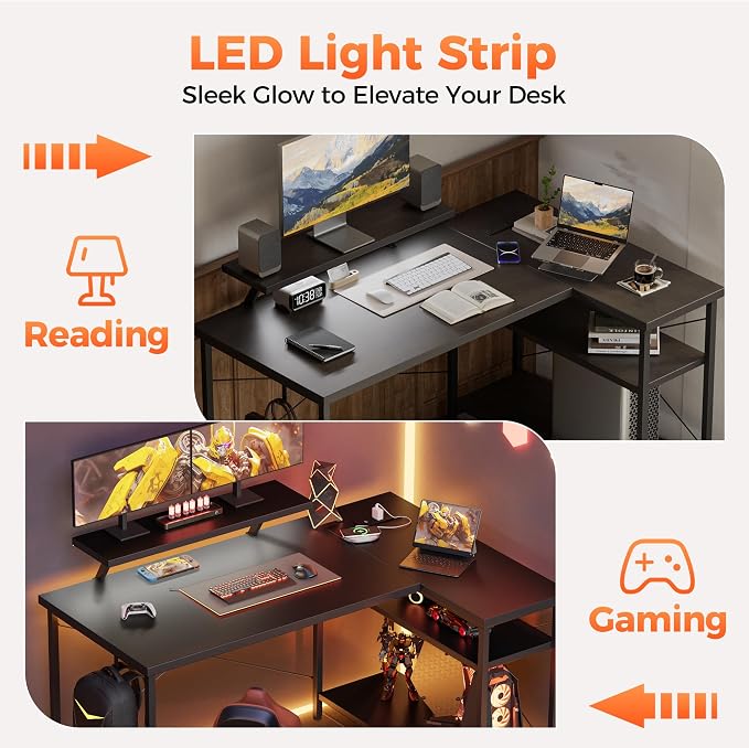 Mericonia Small L Shaped Computer Desk with Power Outlets, Reversible Gaming Desk with Storage Shelves & Monitor Stand, Corner Gamer Desk Table, Study Writing Table