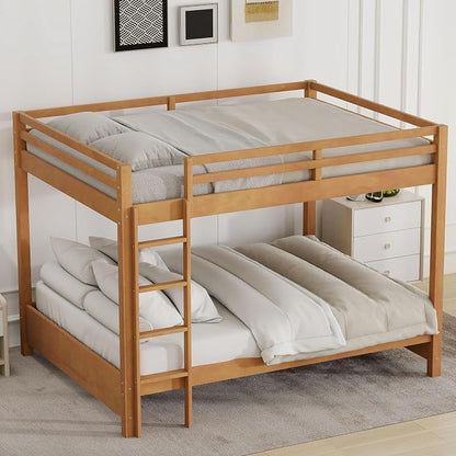 Merax Queen Size Bunk Bed - Solid Pine & MDF Frame, Heavy Duty 600lb Capacity, Space Saving Design with Safety Guard Rails & Ladder, No Box Spring Needed,Wood Color
