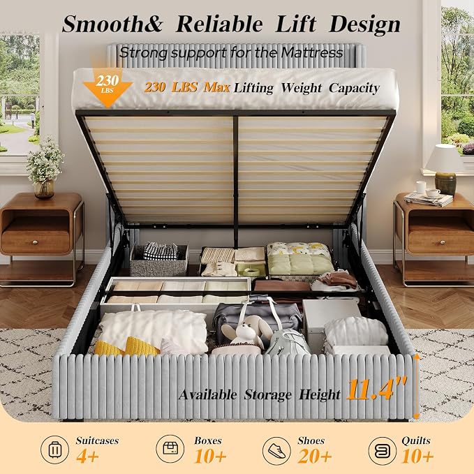 UNIQUITE Queen Size Lift Up Storage Bed Frame with 51 Inch Tall Wingback Headboard, Corduroy Upholstered Platform Bed with Hydraulic Storage, 2 USB Ports, No Box Spring Needed, Noise-Free, Light Grey