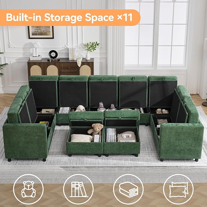 127'' Oversized U Shaped Modular Sofa, Sectional Couches with Storage for Living Room, Modern 9 Seater Cloud Sectional Couch with Movable Ottoman, Chenille Dark Green