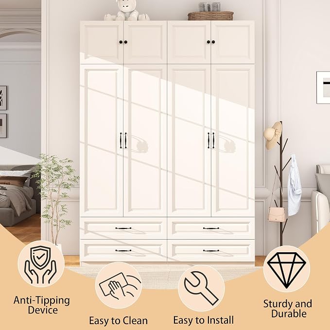 Armoire Wardrobe Closet with Drawers: Bedroom Armoires with Hanging Rod, Wooden Closet Cabinet for Hanging Clothes, Tall Wardrobes Closets with Doors and Shelves (White, 63")