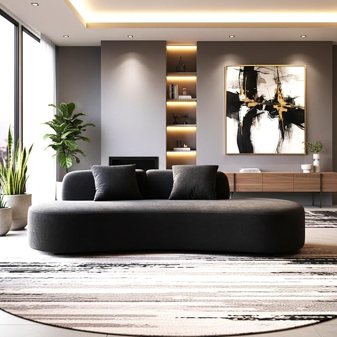 Container Furniture Direct 90" Curved Sofa with Throw Pillows, 4 Seater Luxury Velvet Couch with Half Moon Design and High-Density Foam, Ideal for Modern Living Room, Office & Apartment, Black