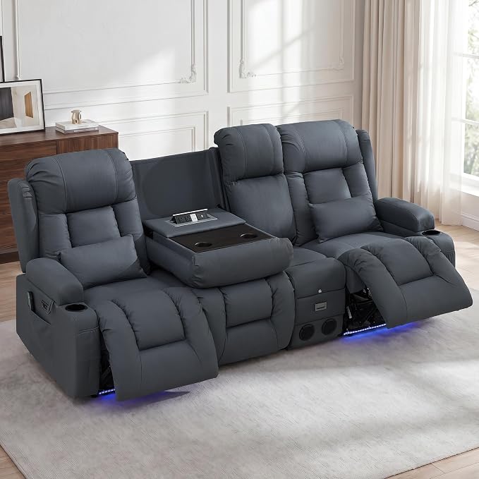 URRED Power Loveseat Recliner Sofa with Massage and Heat, Wall Hugger Reclining Loveseat with Console, RV Couch Home Theater Seating with LED Lights for Living Room (Blue Grey, 89.8" - 3 Seats)