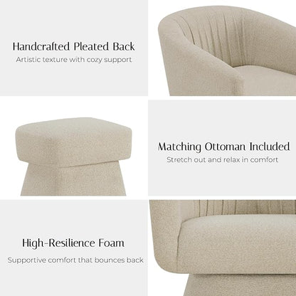 Zerel's Home Swivel Accent Chair with Ottoman, Upholstered Barrel Accent Chair, Modern Accent Chair with Pleated Backrest and Arms, Boucle Armchair for Living Room Bedroom, Set of 2, Sand