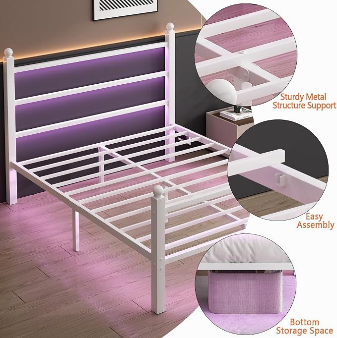CLIBFENG Twin Bed Frame with Headboard and Footboard,Steel Slats Support-LED Bed Frame with USB Charging Station,Mattress Foundation-Under Bed Storage,No Box Spring Needed,Noise Free,White