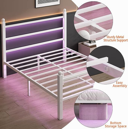CLIBFENG Twin Bed Frame with Headboard and Footboard,Steel Slats Support-LED Bed Frame with USB Charging Station,Mattress Foundation-Under Bed Storage,No Box Spring Needed,Noise Free,White