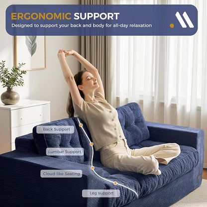 MAXYOYO Oversized Loveseat Sofa Couch, Upholstered Bean Bag Chair Cloud 3-Seat for Adults, Boneless Couch with Tufted Cushion & Pillows, Sofa in A Box, No Assembly Required, Navy