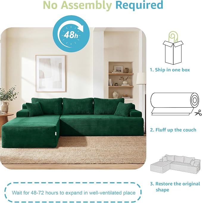 Hobestluk Modular Sectional Sofa Couches L-Shape Couch 3 Seat Modular Sofa Memory Foam Sectional Couches for Living Room, Cloud Couch with Oversized Chaise (Green Corduroy, 108", Left Hand Facing)