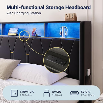 Allewie King Bed Frame with 2-Tier Storage Headboard, Charging Station & LED Lights, Velvet Upholstered Platform Bed with 2 Drawers, Wingback Headboard, Gold Button Tufted, No Box Spring Needed, Black