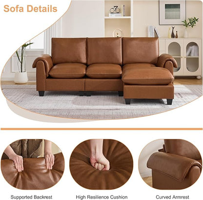 96" Faux Leather Modular Sectional Sofa with Movable Ottoman, Oversized 3 Seater Couch with Curved Armrests, Cloud Modern L-Shaped Sofa Deep Seat for Living Room, Brown