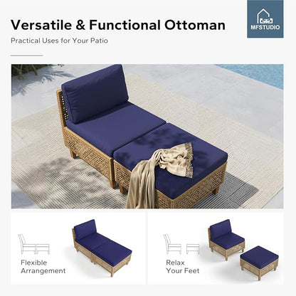 MFSTUDIO Wicker Patio Furniture Set, Rattan Outdoor Couch Sectional Sofa, 5 Pieces Patio Conversation Set with Acacia Wood Coffee Table, Outdoor Rattan Furniture Set for Garden or Balcony, Navy Blue