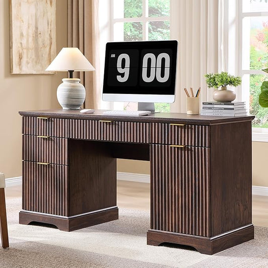 58" Modern Wood Executive Desk with 5 Drawers & 1 Cabinet, Built‑in Outlet | Fluted Computer Writing Desk for Study, Living Room, Bedroom, Dark Walnut