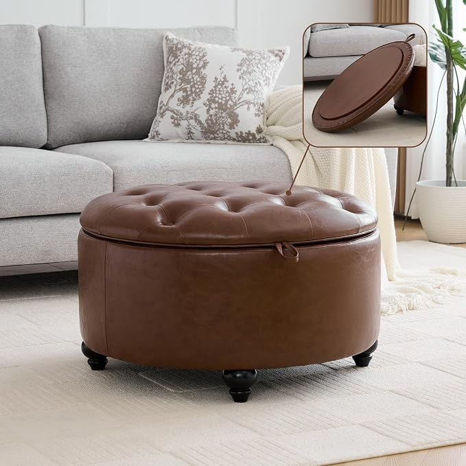 WUTUTUEE 30Inch Round Storage Ottoman with Tray, Modern Tufted Leather Circle Coffee Table with Storage, Upholstered Ottoman with Removable Top for Living Room, Bedroom, Leather Coffee