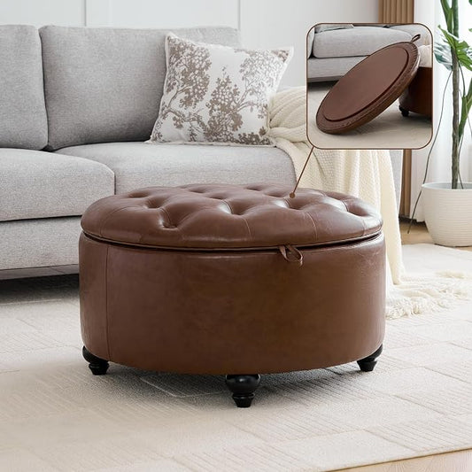 WUTUTUEE 30Inch Round Storage Ottoman with Tray, Modern Tufted Leather Circle Coffee Table with Storage, Upholstered Ottoman with Removable Top for Living Room, Bedroom, Leather Coffee
