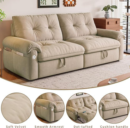 77.2'' Pull Out Couch Full Size, Pre-assembled Sleeper Sofa Bed, Flannel Convertible Futon Sofa Bed with Adjustable Backrest, USB, Side Pocket, Loveseat for Living Room, Apartment, Light Brown