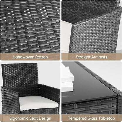 DUMOS 3 Piece Patio Furniture Set, All-Weather Outdoor Wicker Chairs with Removable Cushions & Tempered Glass Table, Small Bistro Set for Porch, Balcony, Lawn, Backyard, Black