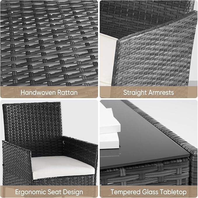 DUMOS 3 Piece Patio Furniture Set, All-Weather Outdoor Wicker Chairs with Removable Cushions & Tempered Glass Table, Small Bistro Set for Porch, Balcony, Lawn, Backyard Black