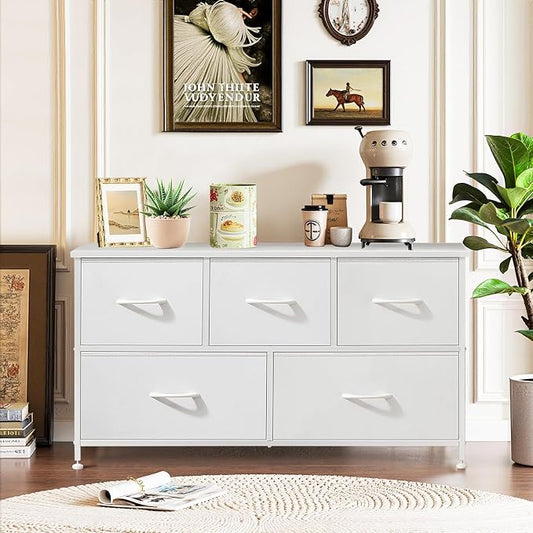 5-Drawer Dresser for Bedroom, Anti-Tip Wide Storage Organizer Fabric Chest of Drawers TV Stand for 45" TV with Wooden Top and Metal Frame for Closet, Living Room, Hallway, Entryway, White