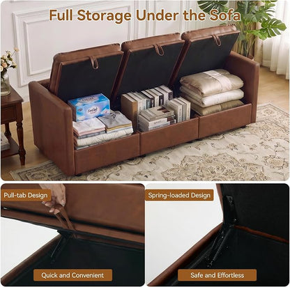 80" Brown Faux Leather Storage 3 Seater Sofa, Modular Sectional Cloud Sofa | Modern Deep Seat Cloud Upholstered Sofa with Armrest, Convertible 3 Seater Comfy Sofa for Living Room, Bedroom, Small spaces