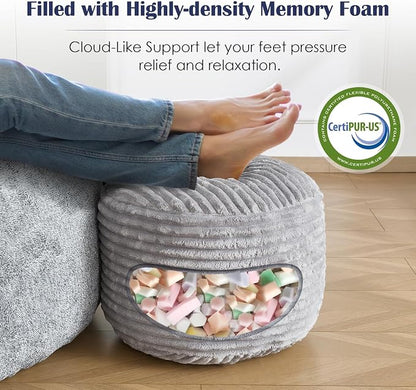 SHOUREN Stuffed Round Ottoman,Corduroy Pouf Ottoman Foot Rest with Foam Filling,Pouf Storage Ottoman Footstool for Living Room,18 X 14 Floor Poufs for Couch,Footrest Only - 18 X 14 Inches,Light Grey