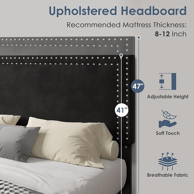 VECELO Twin Size Platform Bed Frame with Height Adjustable Upholstered Headboard, Modern Mattress Foundation,Strong Wood Slat Support, No Box Spring Needed, Easy Assembly,Black