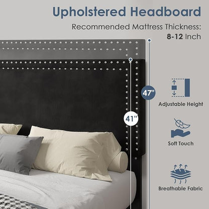 VECELO Twin Size Platform Bed Frame with Height Adjustable Upholstered Headboard, Modern Mattress Foundation,Strong Wood Slat Support, No Box Spring Needed, Easy Assembly,Black