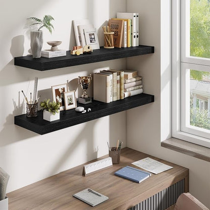 Fun Memories Floating Shelves Set of 3, 40 Inch Long Wooden Wall Shelves, 10 Inch Deep Wall Mounted Storage Shelf with Metal Brackets for Living Room, Bathroom, Bedroom and Kitchen, Black