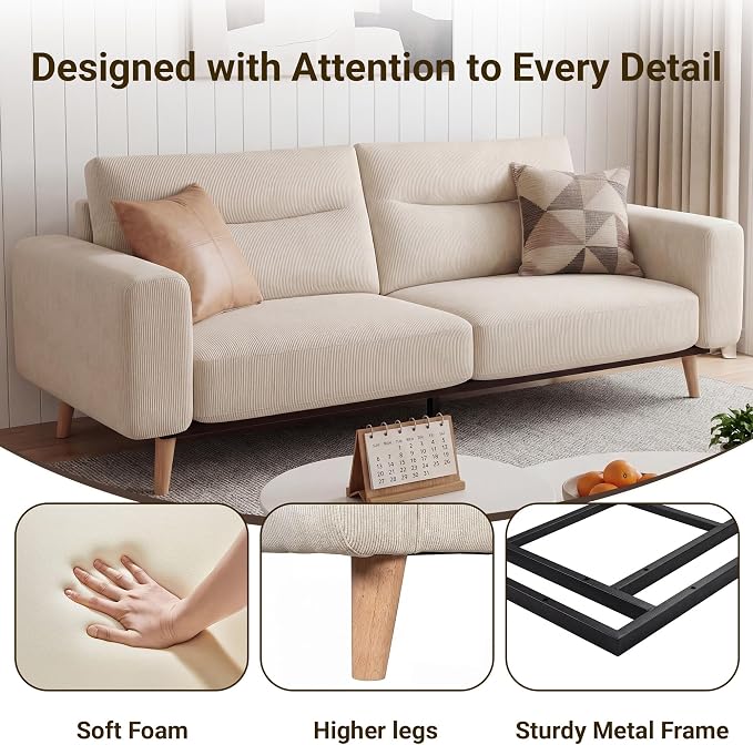 Claiks 81" Oversized Loveseat Sofa, Mid Century Modern Couch for Living Room, Bedroom & Apartment, Corduroy Upholstered 2-3 Seater Sofa with Sturdy Metal Frame, Easy Assembly, Beige