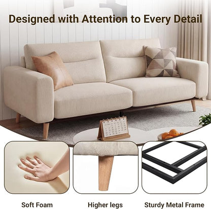 Claiks 81" Oversized Loveseat Sofa, Mid Century Modern Couch for Living Room, Bedroom & Apartment, Corduroy Upholstered 2-3 Seater Sofa with Sturdy Metal Frame, Easy Assembly, Beige