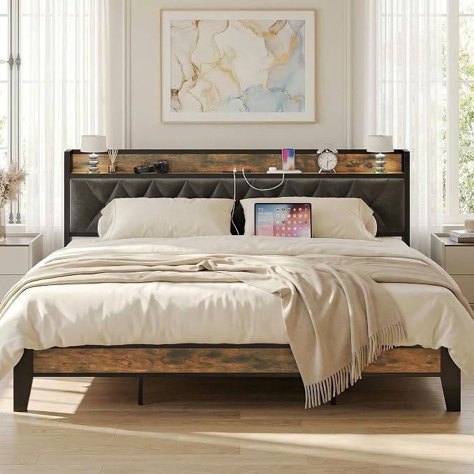 ANCTOR King Bed Frame, Upholstered Tufted Headboard, Storage Shelves & Charging Station, No Box Springs Needed, Sturdy, Noise-Free, Modern Vintage Style
