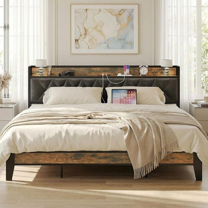 ANCTOR King Bed Frame, Upholstered Tufted Headboard, Storage Shelves & Charging Station, No Box Springs Needed, Sturdy, Noise-Free, Modern Vintage Style