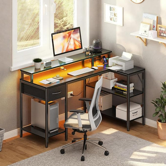 DUMOS 47” Gaming Desk with USB Charging Ports & LED Lights, Reversible L Shaped Desks Computer Corner Gamer Table with Stand Storage Shelves for Home Office Small Space, Modern Black