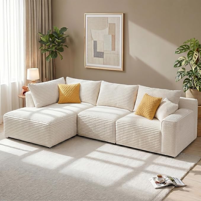 Homkdom 98" Boneless Modular Sectional Sofa, Cloud Couch with 27" Deep Seat & Oversized Chaise, L-Shaped High-Density Foam Sofa for Living Room Apartment, No Assembly Required (White, Left Facing)