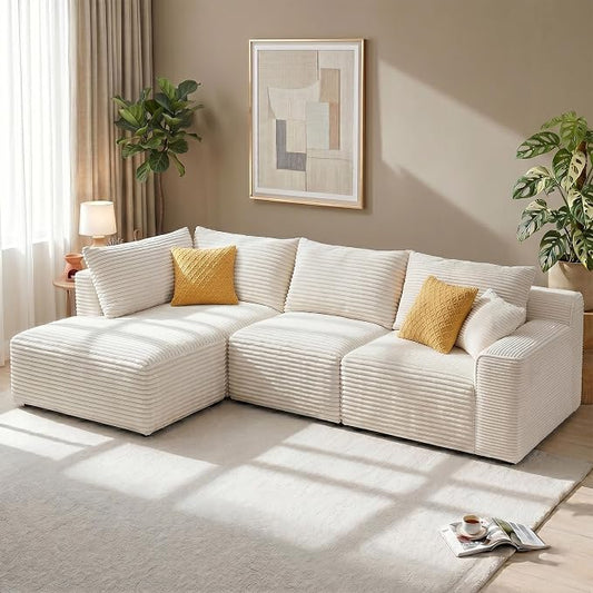 Homkdom 98" Boneless Modular Sectional Sofa, Cloud Couch with 27" Deep Seat & Oversized Chaise, L-Shaped High-Density Foam Sofa for Living Room Apartment, No Assembly Required (White, Left Facing)