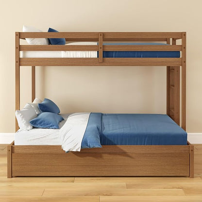 Grain & Grove Bear Twin Over Full Bunk Bed with Trundle Bed, Sturdy Bunk Bed Frame for Kids, Plywood Bunk with Ladder, Guardrail, and Slats, No Box Spring Required, Oak Embossed Pecan